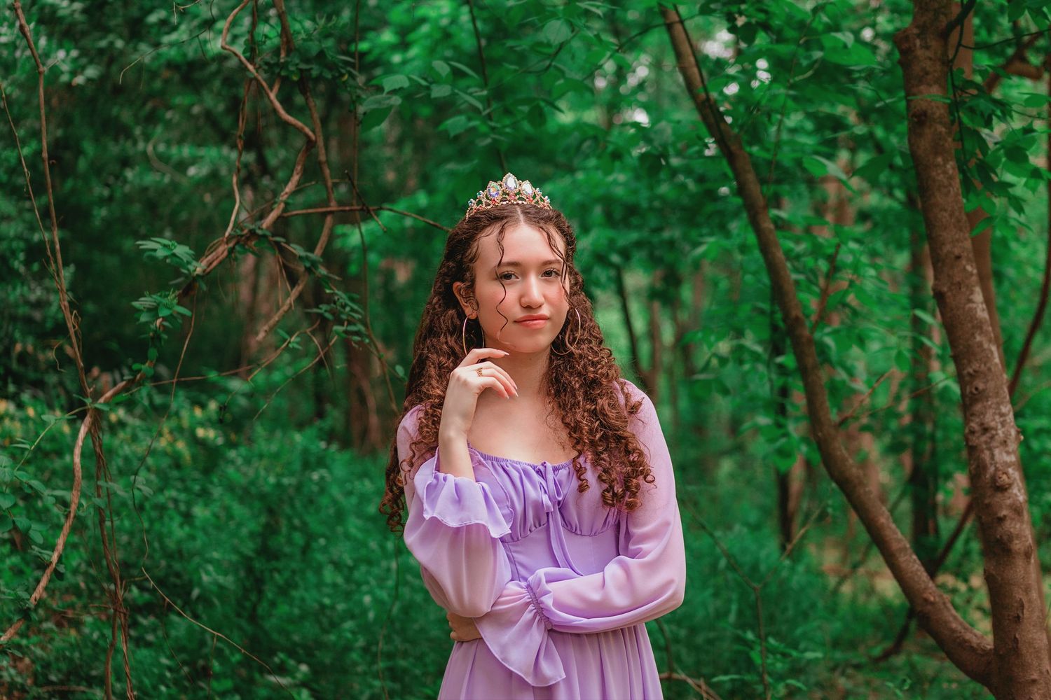 Senior girl wearing purple dress and crown in princess-themed portrait
