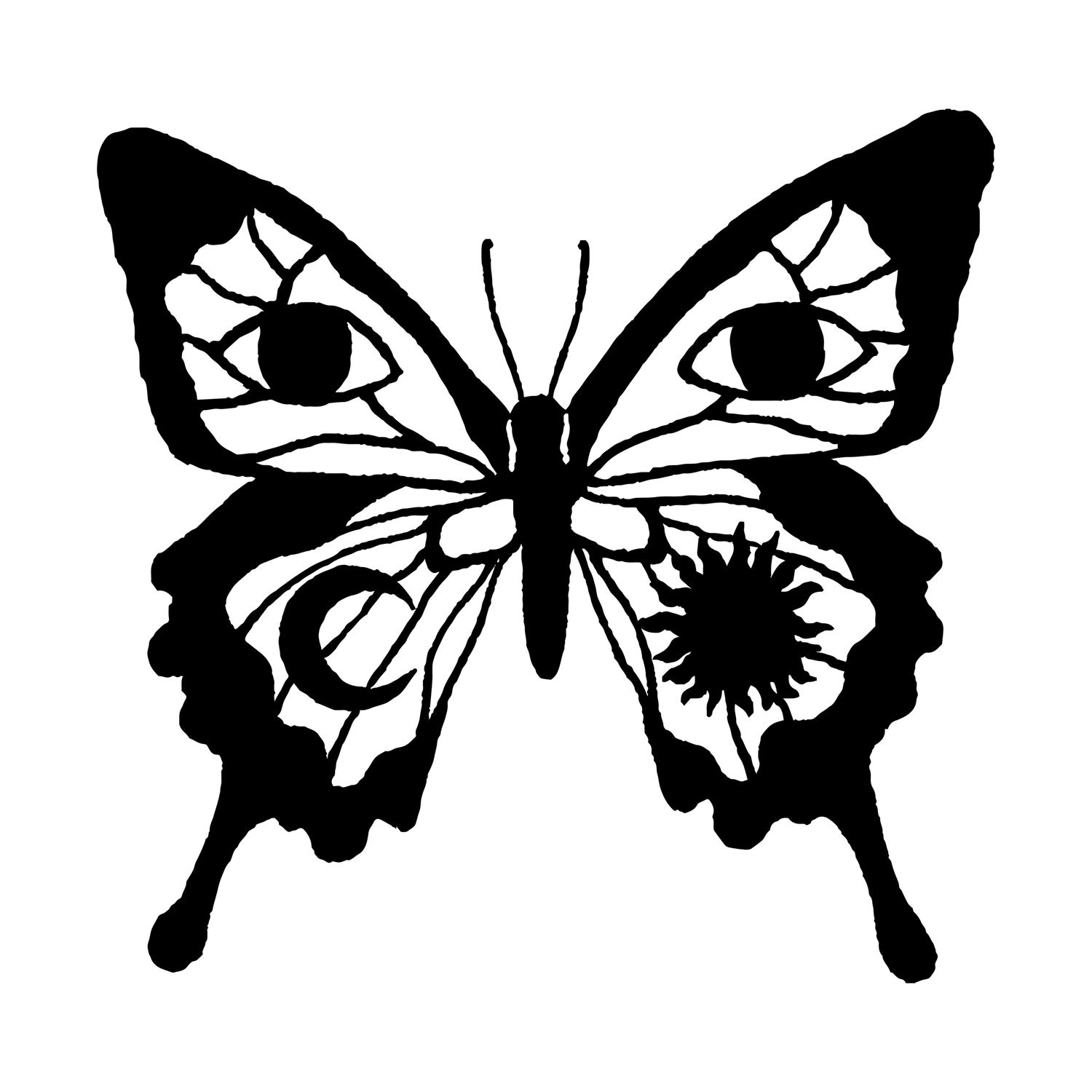A row of five decorative black butterfly silhouettes with artistic wing patterns arranged horizontally.