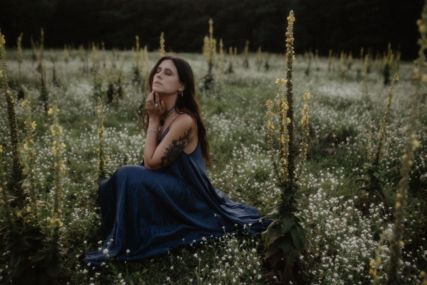 Eine Frau in einem marineblauen Kleid sitzt nachdenklich inmitten von Wildblumen auf einer verträumten Wiese während der goldenen Stunde.