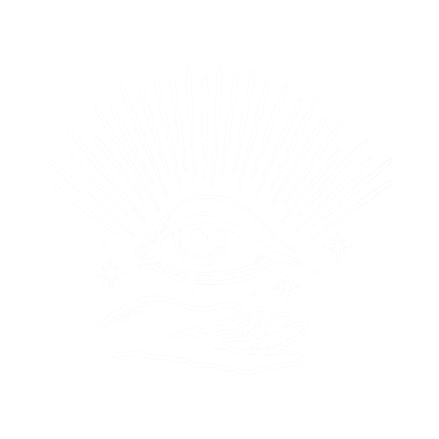 Mystical all-seeing eye illustration with radiating beams and hand design in white against dark background.