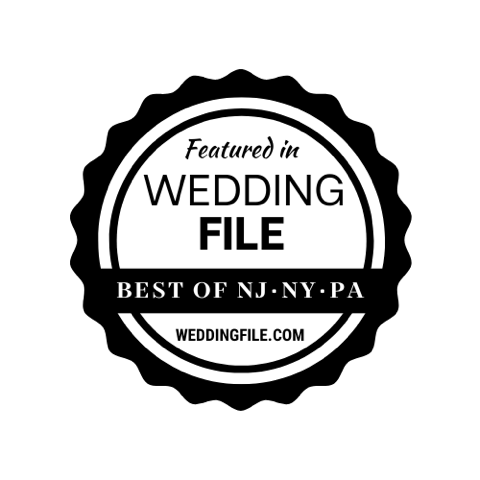 A row of black and white circular wedding business badges including Wedding File and Best of NJ NY PA logos.