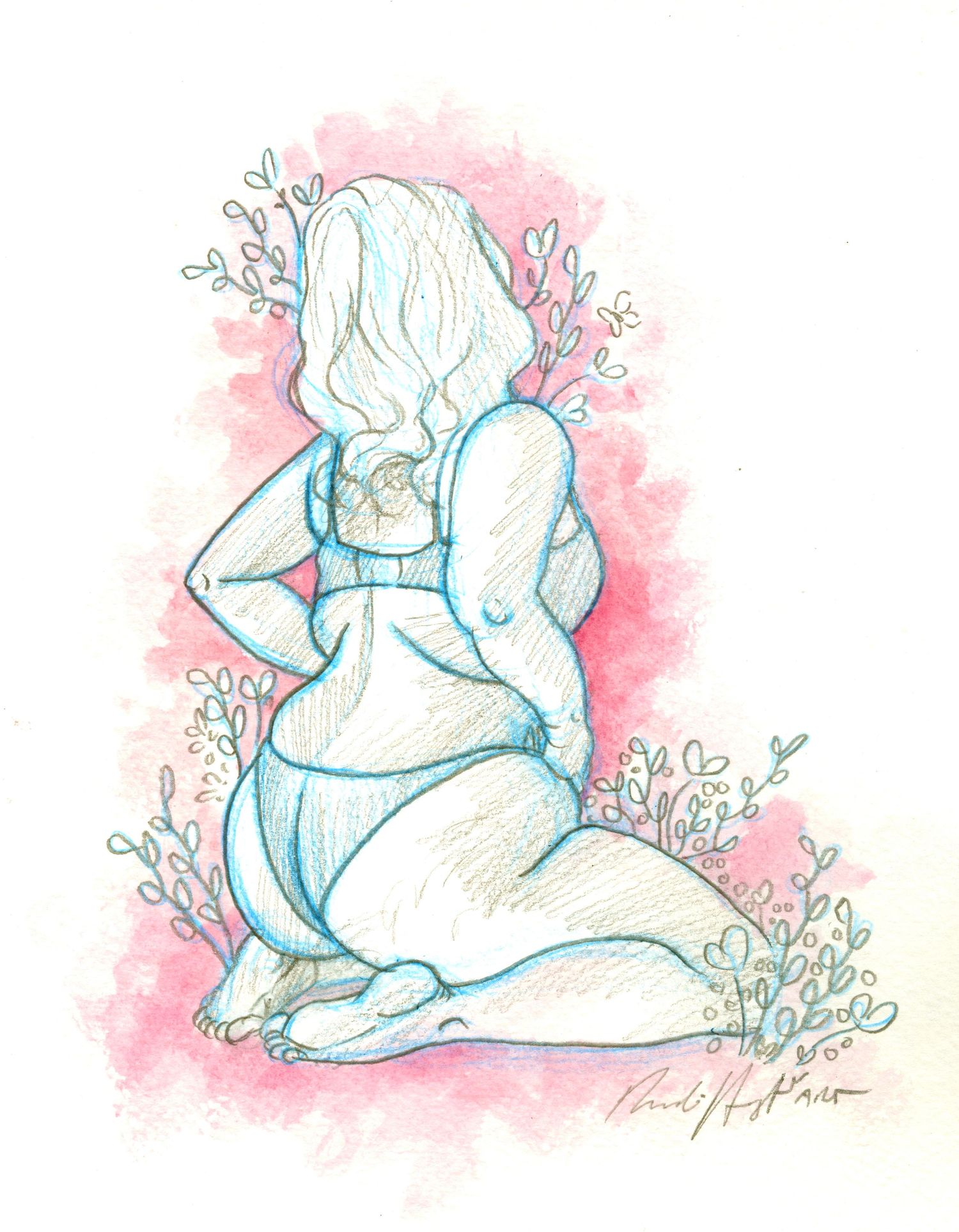 Boudoir painting with watercolor illustration of a curvy figure in pastel blue and pink tones with floral elements.