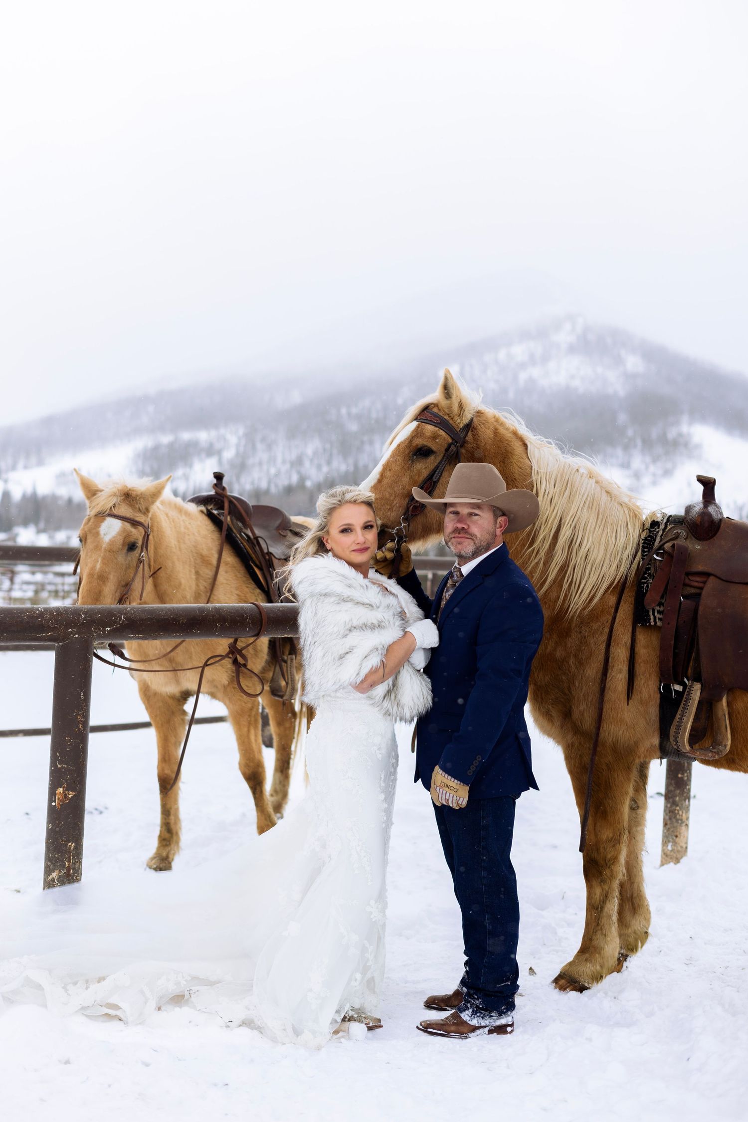 A winter wedding photoshoot with a couple posing next to two palomino horses in a snowy mountain landscape.
