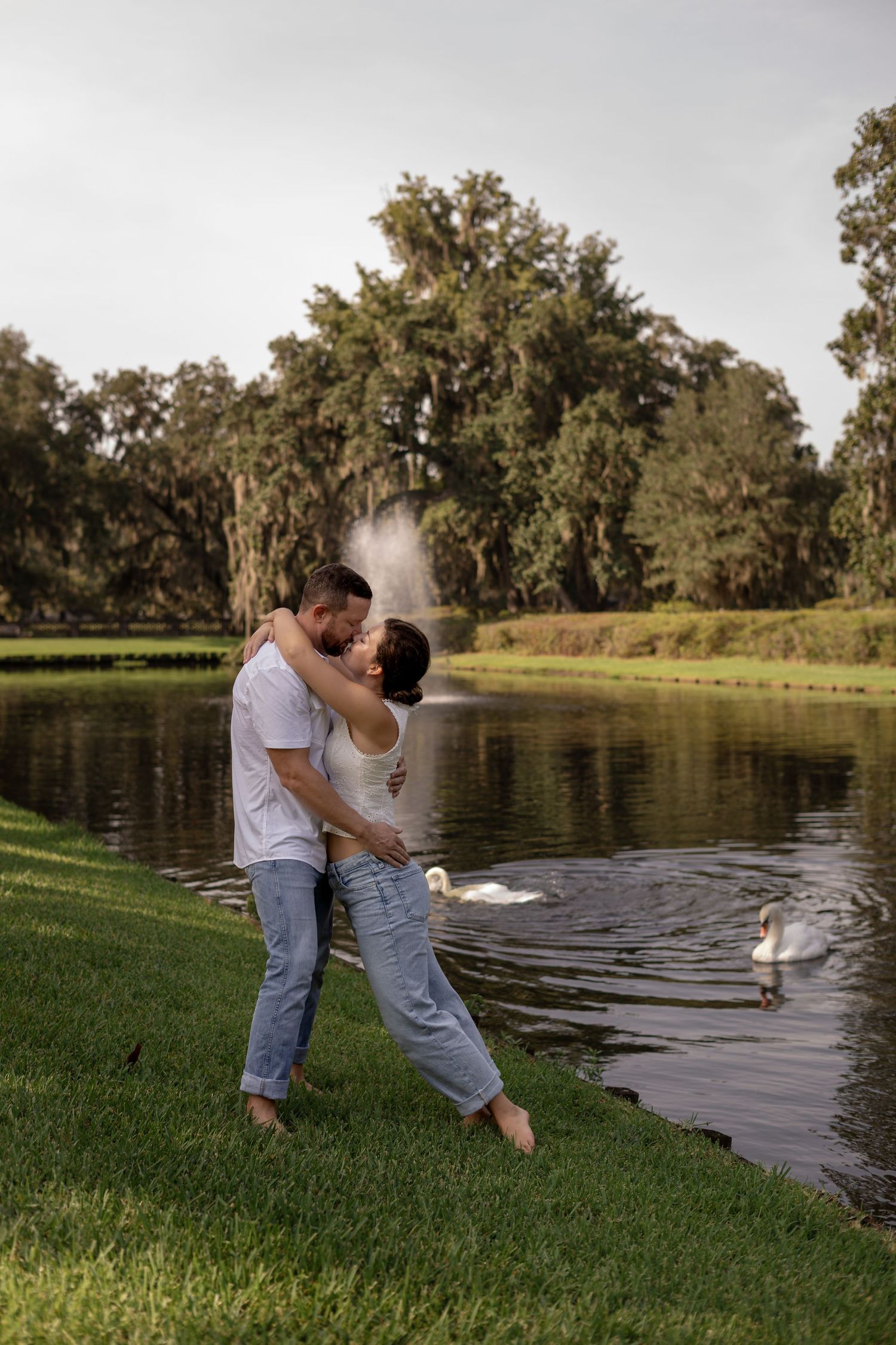 Couple embraces and kisses near a tranquil pond with swans and moss-covered trees in background.