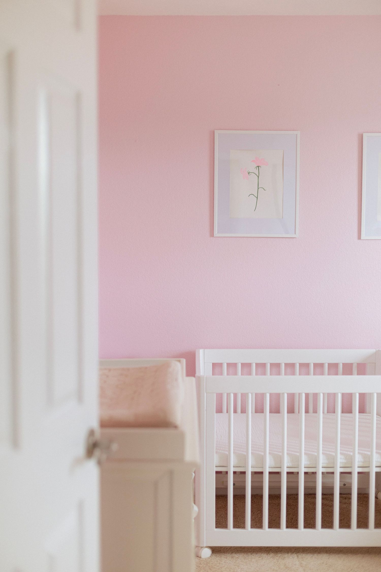 White baby crib in a soft pink nursery room with framed floral wall art and plush carpet flooring.