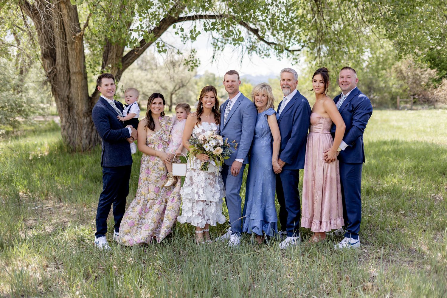 Wedding party group photo with bride and groom surrounded by family members under a tree in a green meadow.