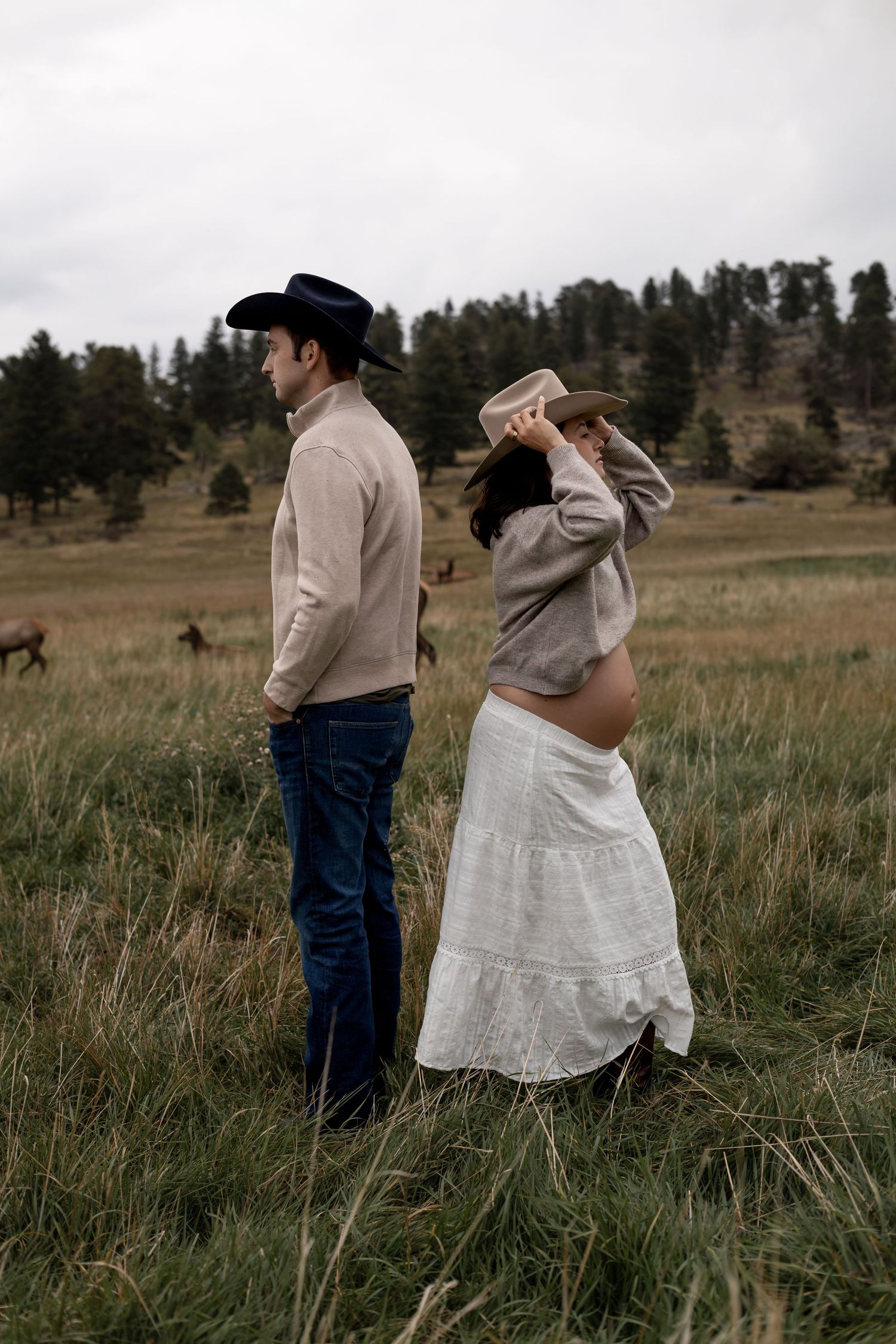 Pregnant couple in cowboy hats standing in a grassy field with elk and pine trees in the background.