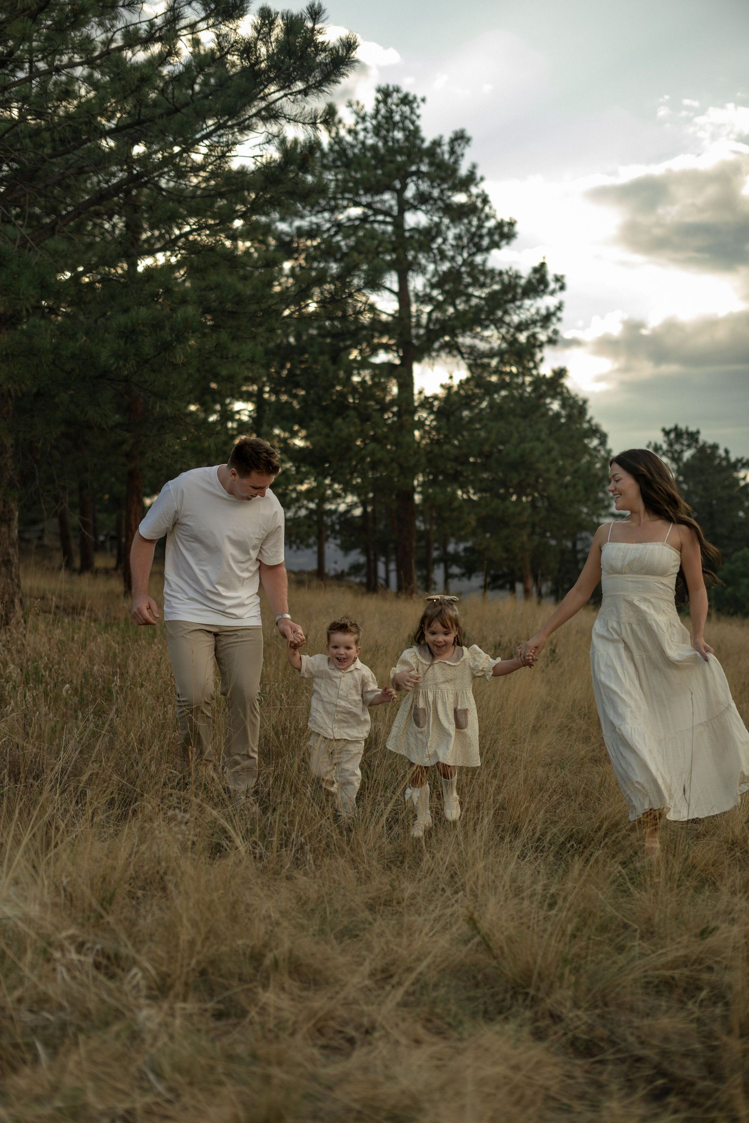 Family of four holding hands walking through golden grass field with pine trees at sunset.