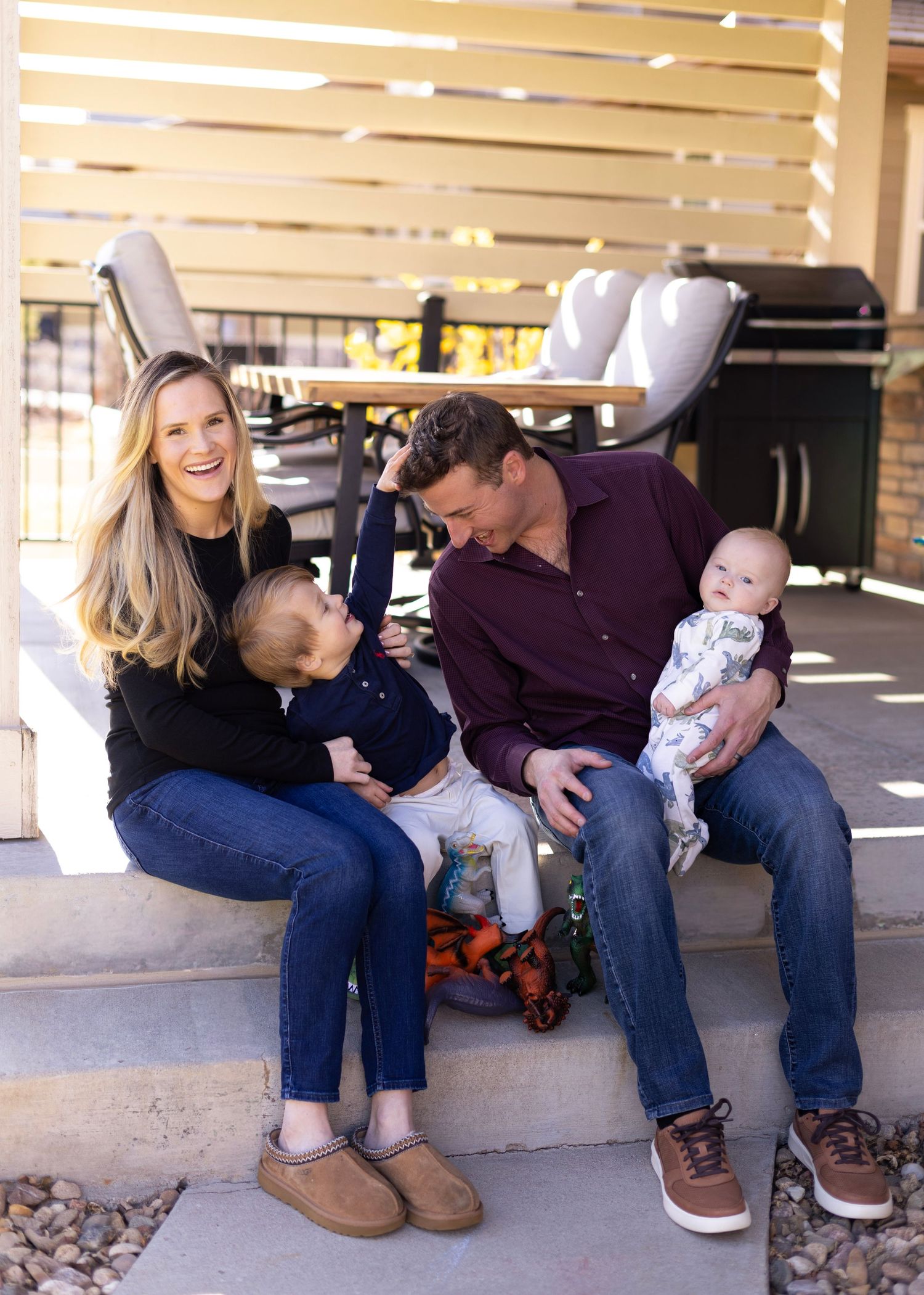 A series of four candid photos showing a couple sitting on steps with a baby in casual outdoor setting.