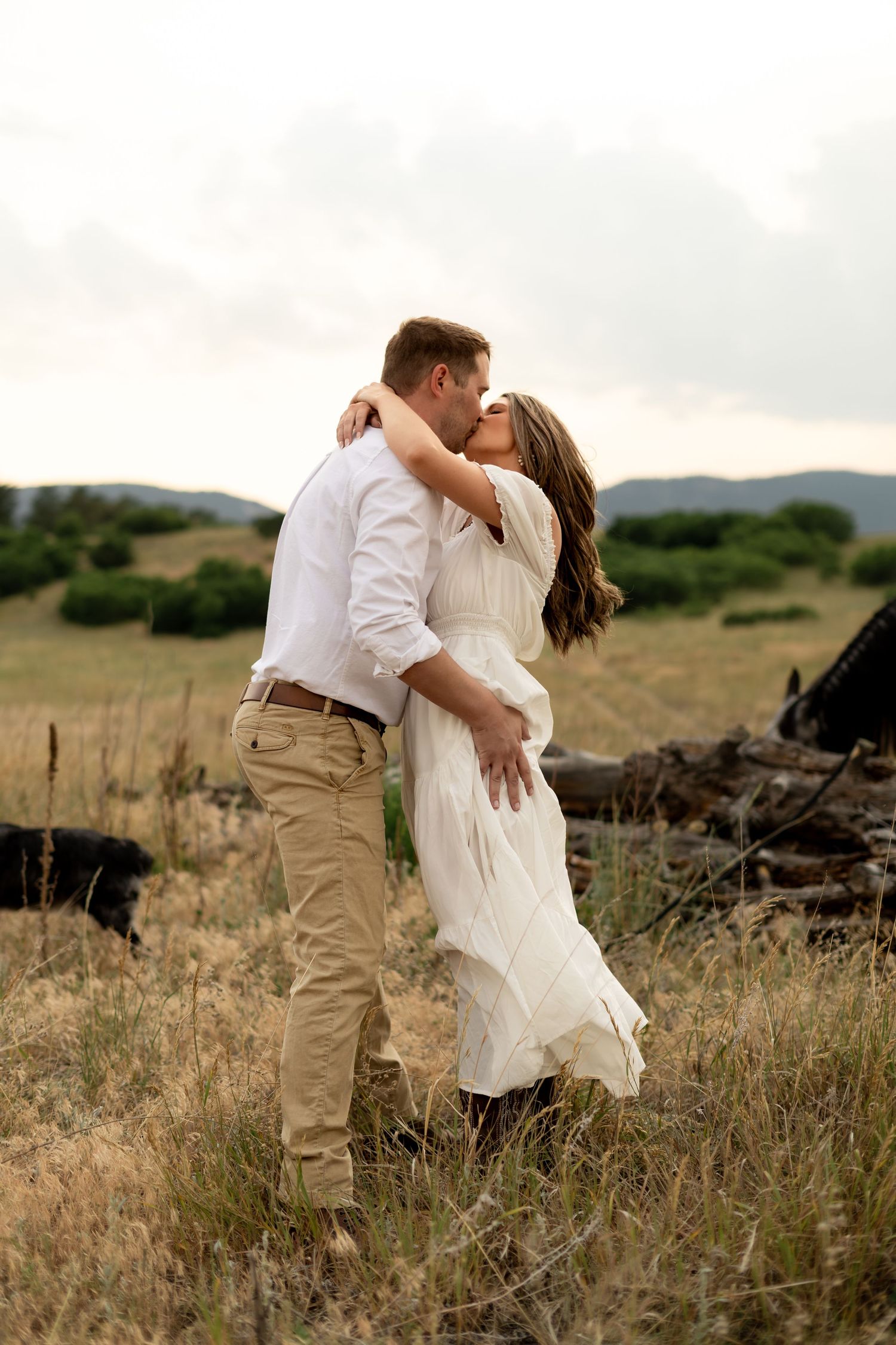 Couple sharing a romantic kiss in a golden meadow, man in white shirt and khakis, woman in flowing white dress.