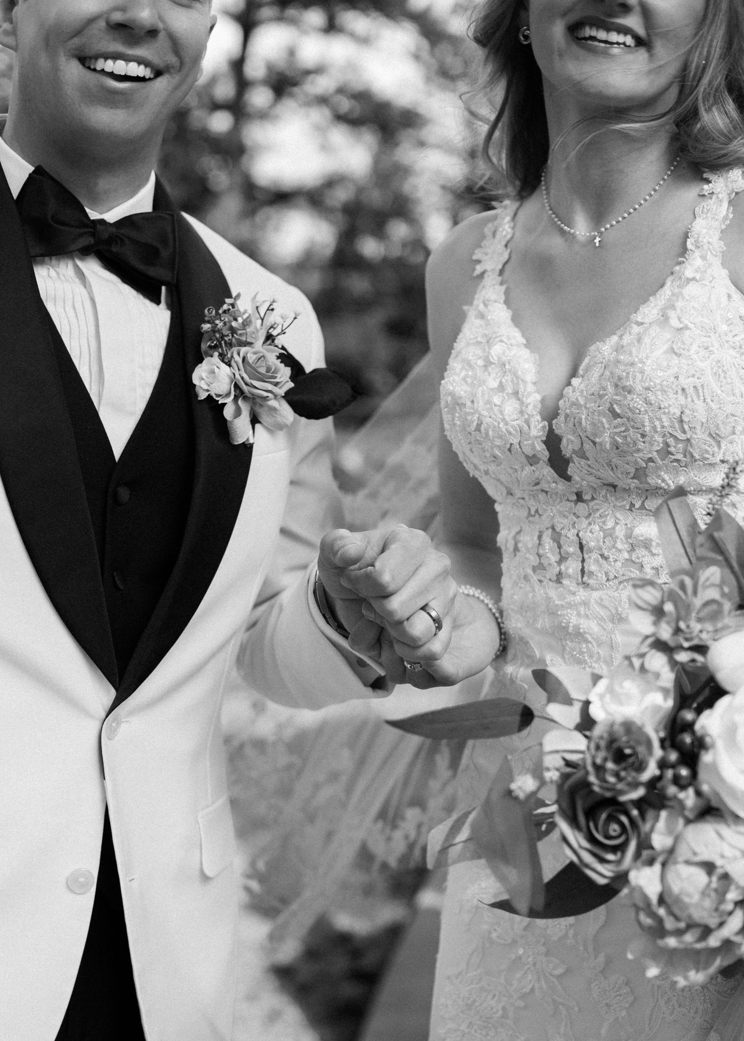 Black and white wedding photo collage showing couples laughing and embracing while holding floral bouquets.