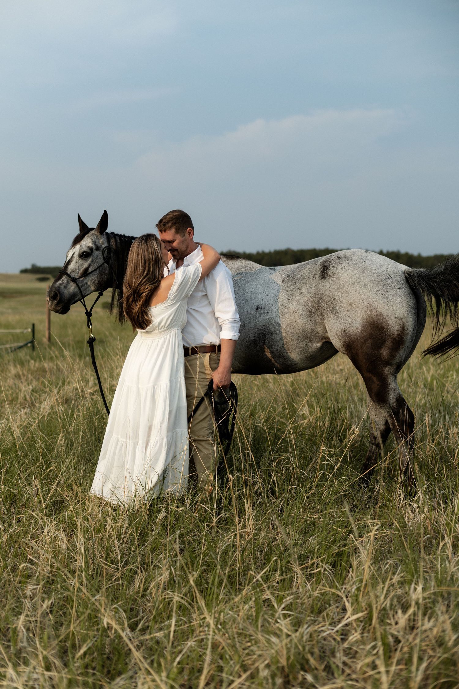 Couple sharing a romantic kiss in a grassy field beside a gray horse during a countryside engagement photo session.