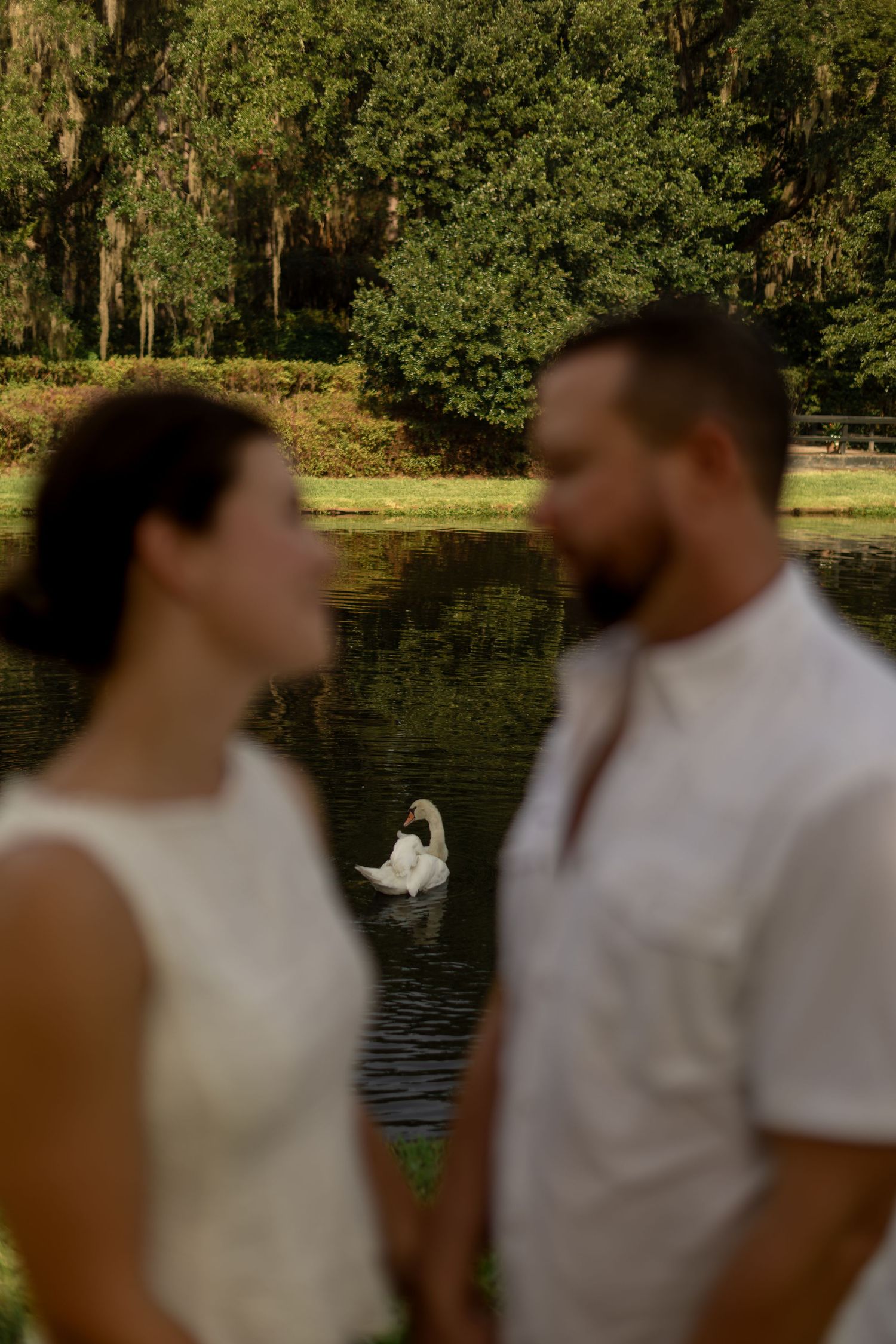 Couple in white standing by a serene pond with a swan, lush green trees reflected in the water behind them.
