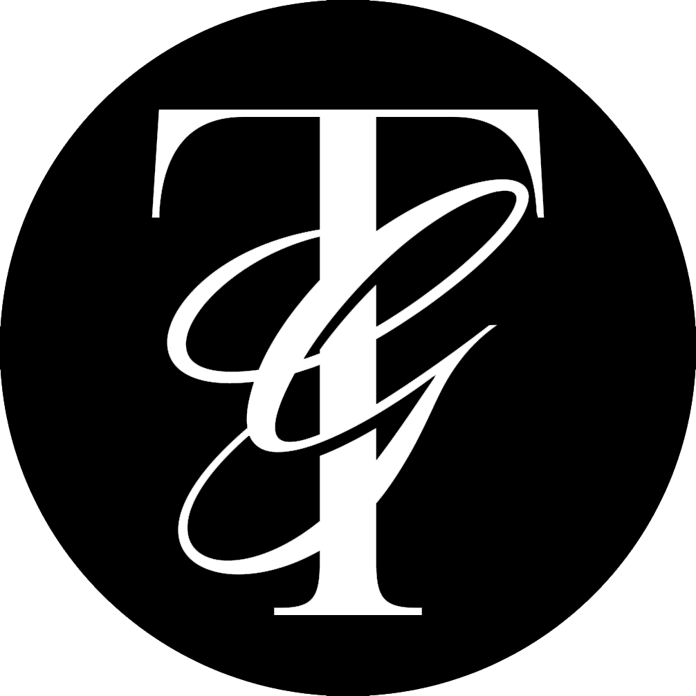 Black circular logo featuring intertwined white letters T and G in elegant serif typography.