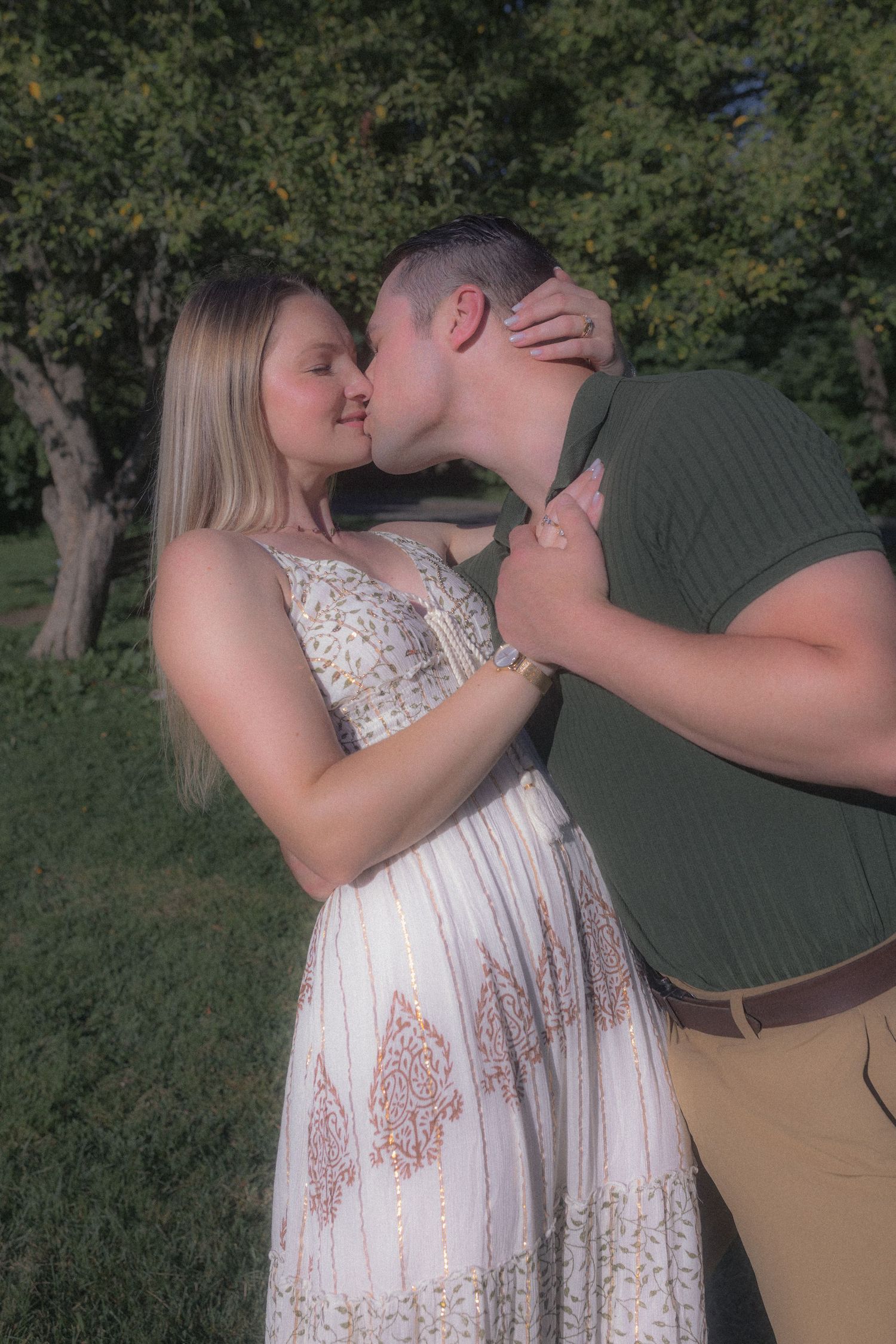 Romantic engagement photo sequence capturing tender moments between a couple outdoors.