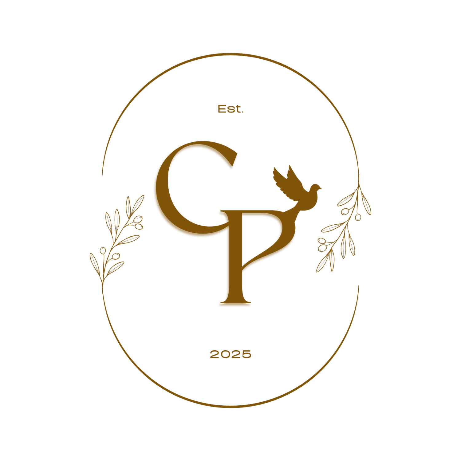 Minimalist logo design featuring CP monogram with bird icon and botanical elements in gold.