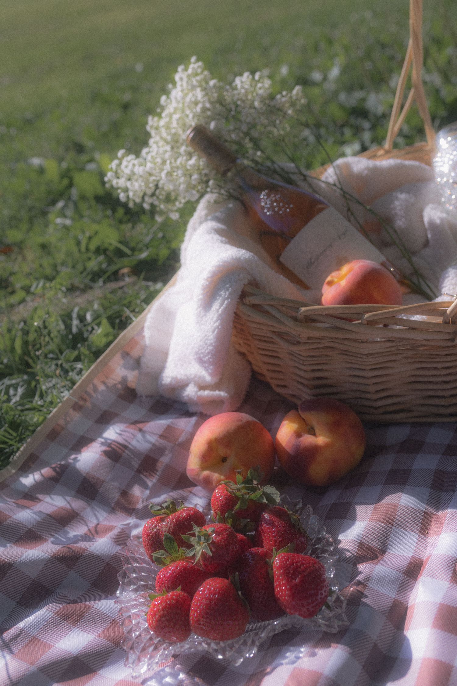 Fresh strawberries and fruit arranged on a checkered picnic blanket with a woven basket.