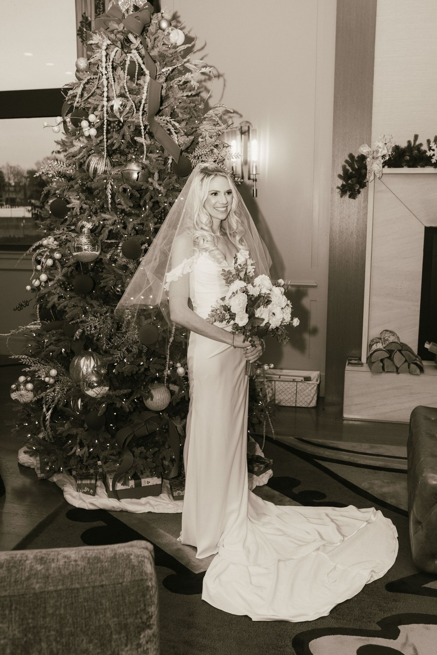 Wedding dress detail shots with floral arrangements in an elegant indoor setting.