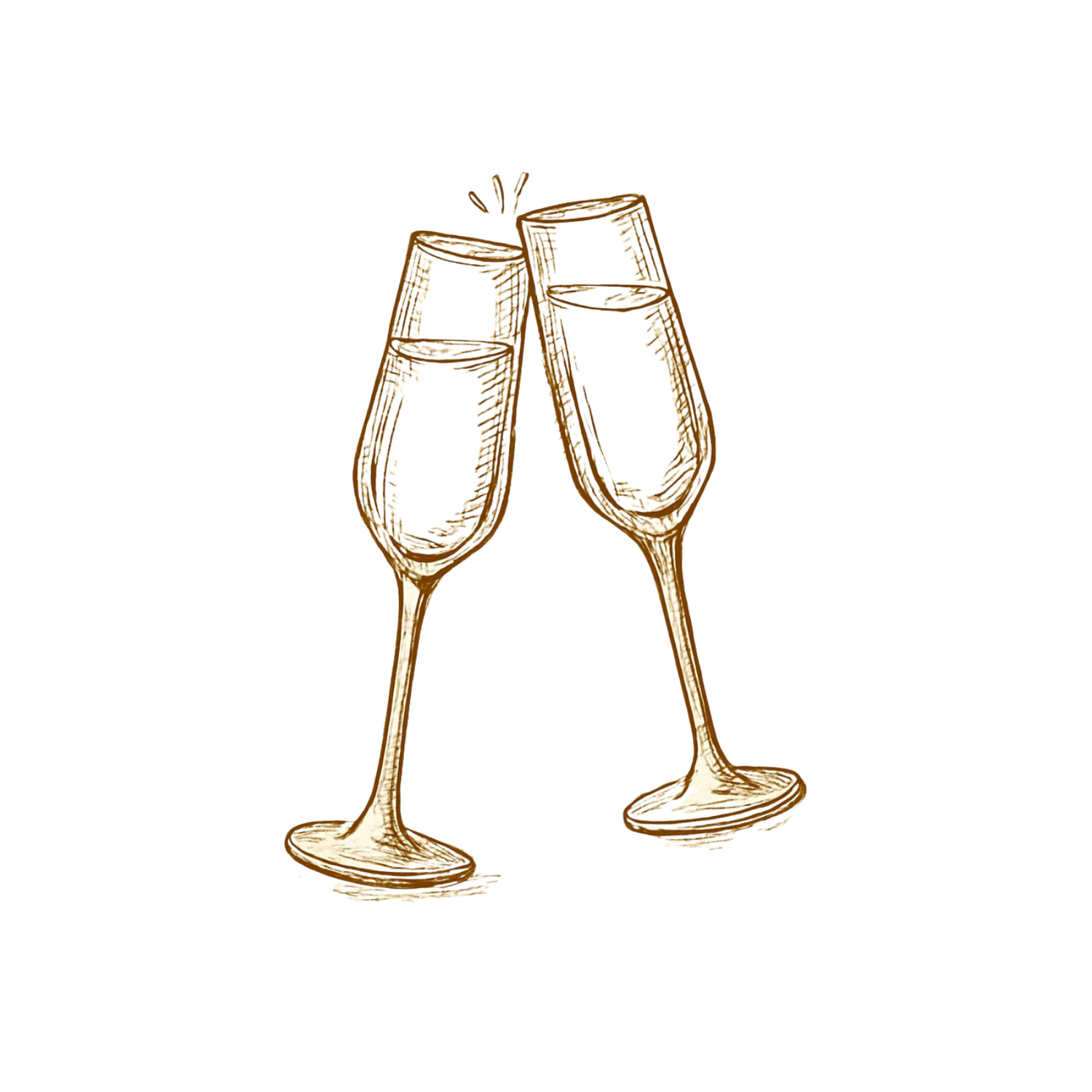Gold line illustrations of wine glasses clinking together in celebration.
