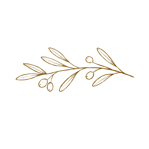 Gold botanical line drawing of leaves and berries in a decorative border design.