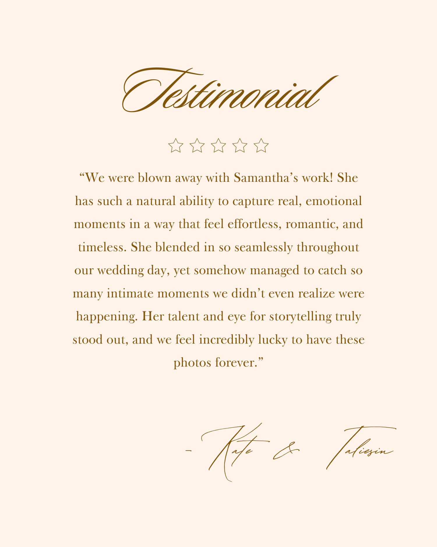 Wedding photography testimonial with five stars and gold calligraphy text on cream colored background.