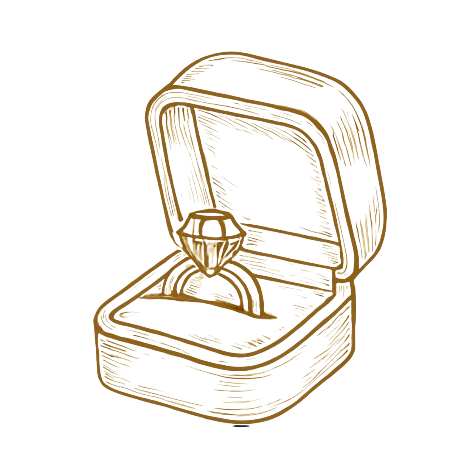 Simple line drawing of an engagement ring in an open jewelry box.