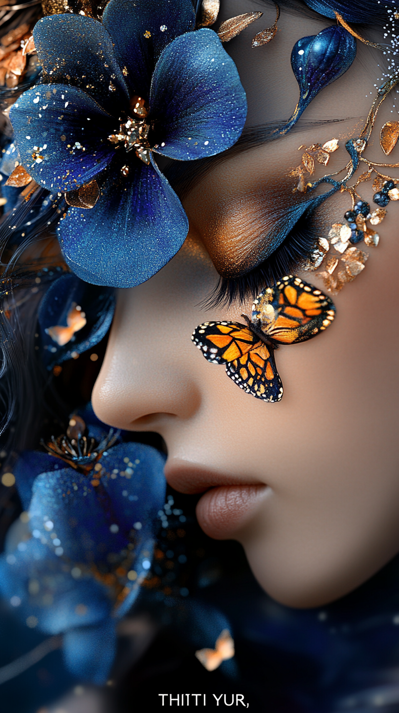 A woman's profile adorned with blue glitter flowers and an orange monarch butterfly, surrounded by golden accents.