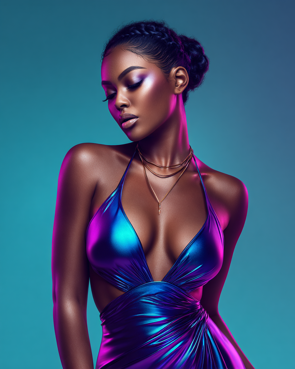 A stunning Black woman in a shimmering blue-purple halter dress poses gracefully against a teal background with vibrant neon lighting.