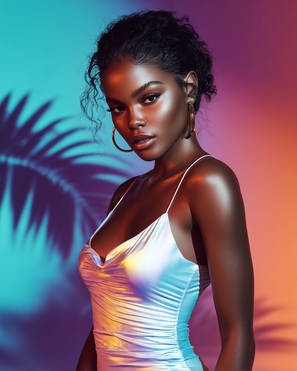 A young Black woman in a white iridescent dress poses against a vibrant blue-pink gradient background with palm shadows.