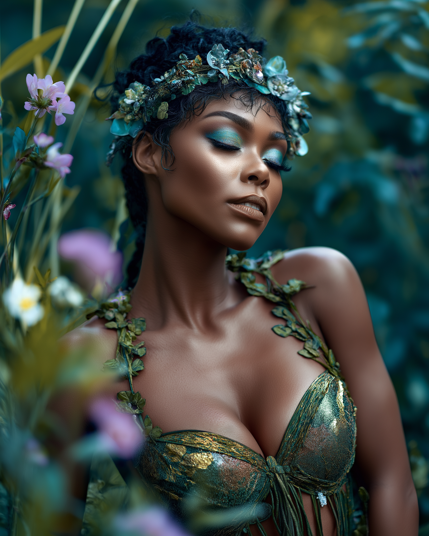A Black woman in a fantasy forest goddess costume with floral crown, green bodice, and teal eye makeup poses among lush foliage.