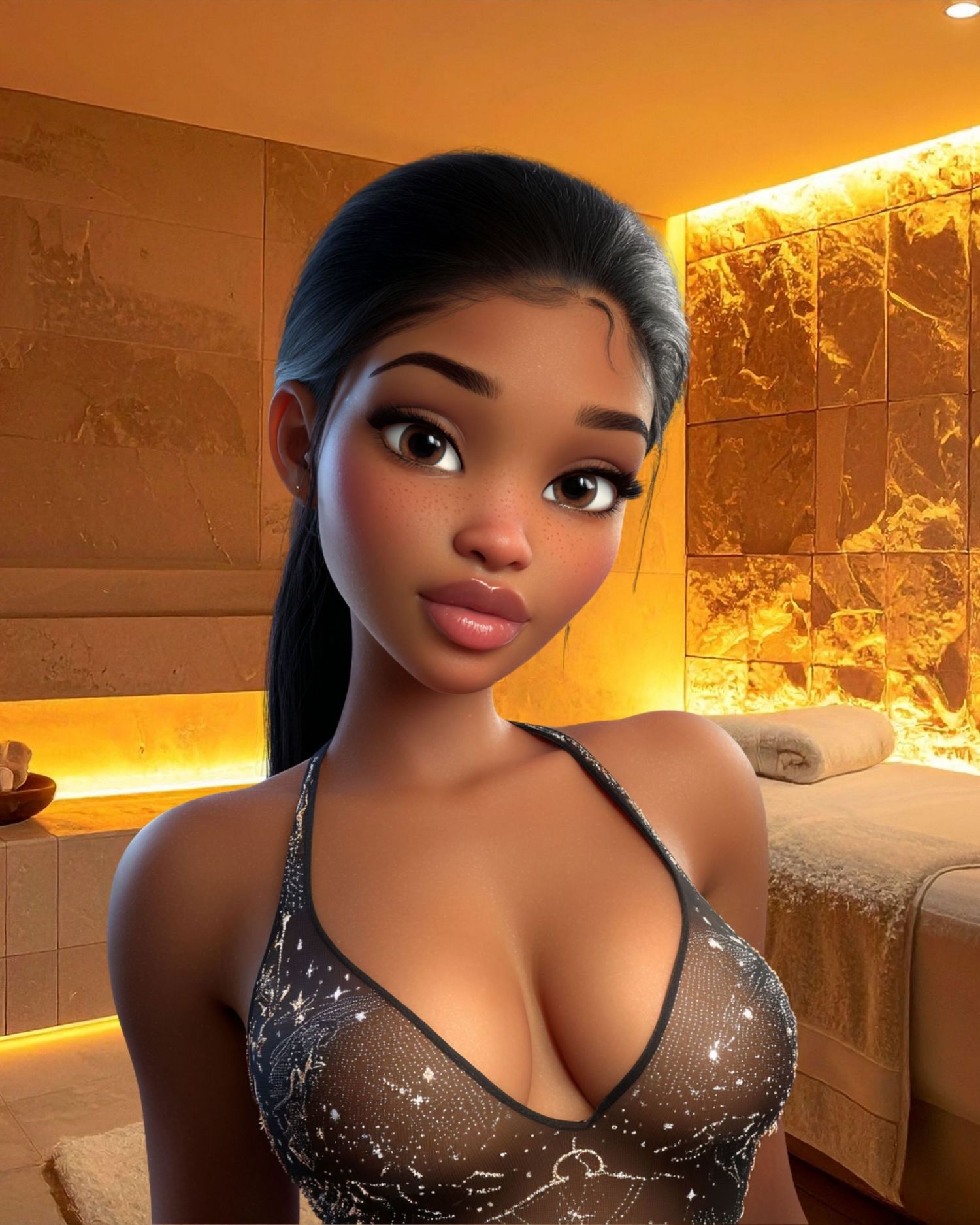 3D animated young woman in sparkly top poses in warmly lit spa setting with golden marble walls.