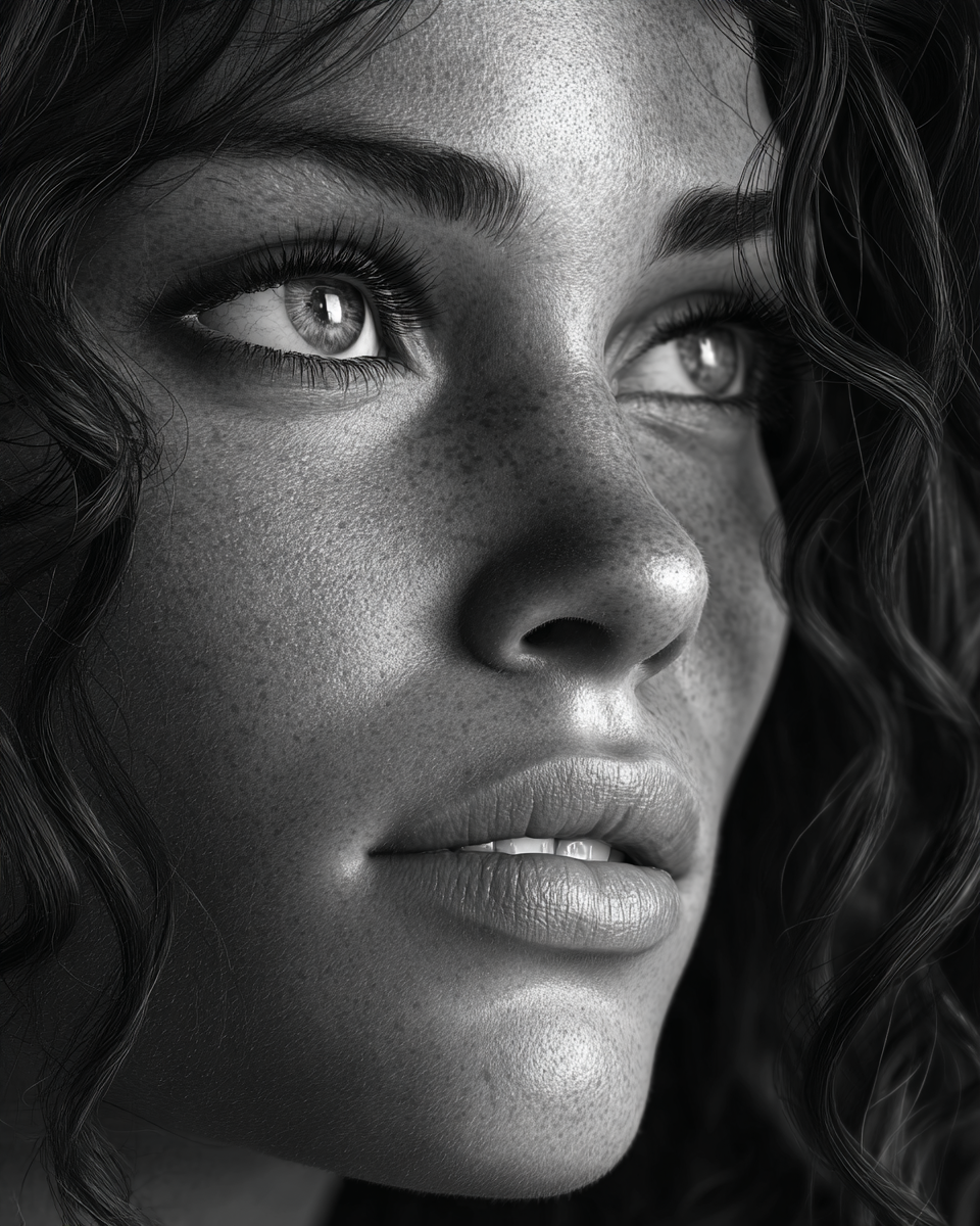 Black and white close-up portrait of a young woman with freckles, curly hair, and expressive eyes.