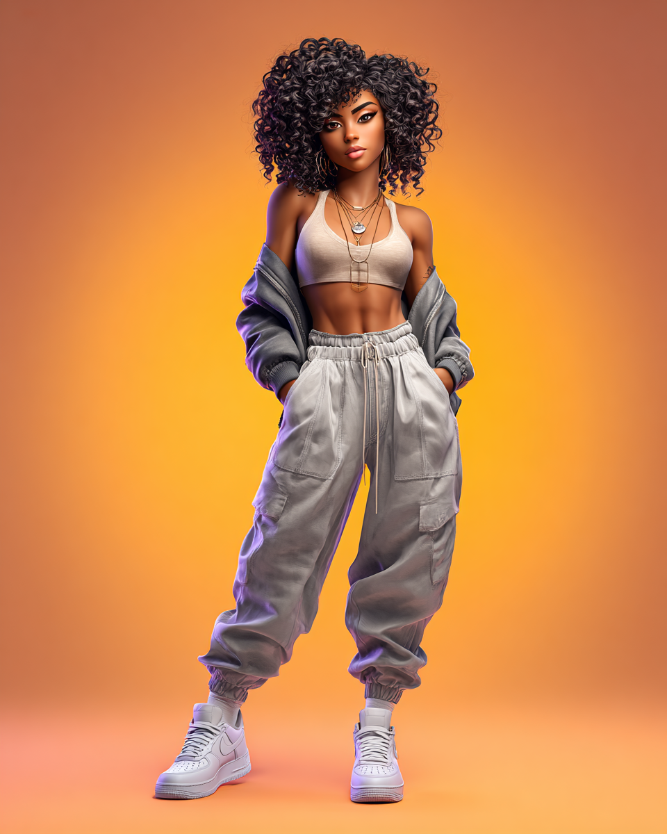 3D rendered stylish woman with curly hair wearing crop top, gray joggers, and white sneakers on orange background.