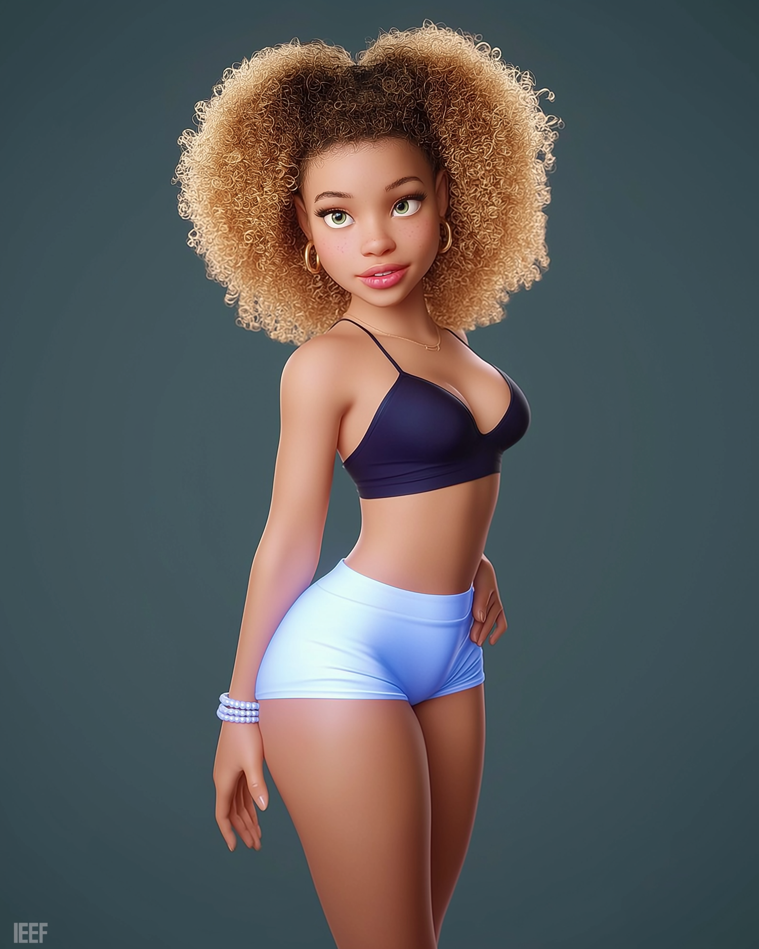 3D animated girl with curly afro hair, navy crop top, light blue shorts, and hoop earrings on gray background.