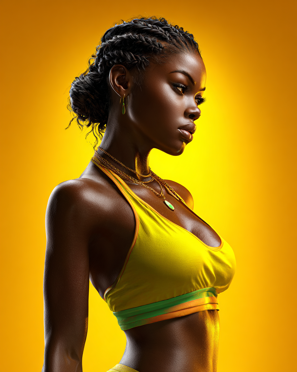 A fit Black woman in a yellow crop top and gold jewelry poses confidently against a vibrant yellow background.