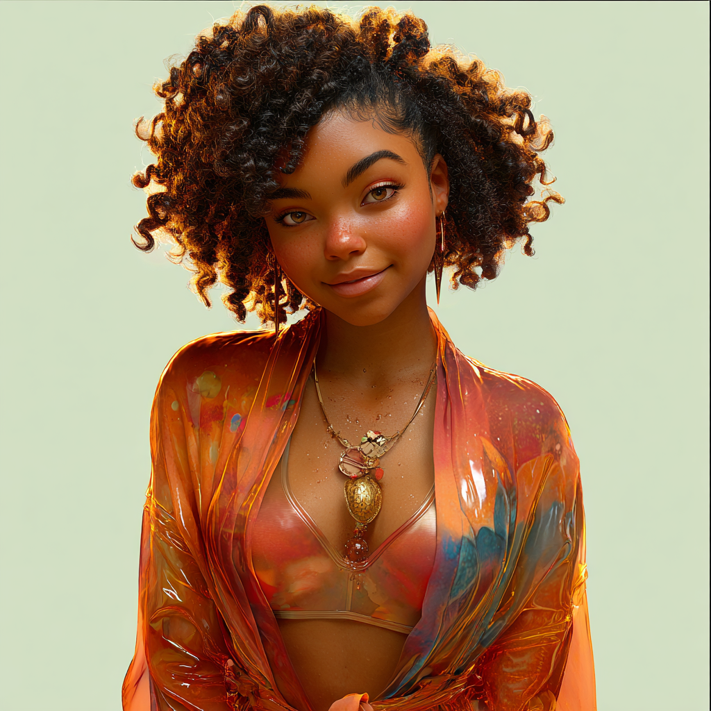 A young Black woman with curly auburn hair wearing an orange floral sheer jacket and gold pendant necklace poses confidently.