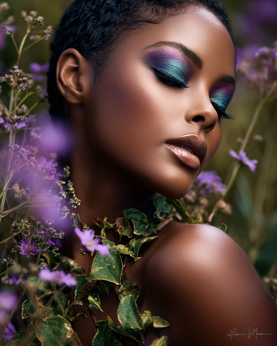 A Black woman with teal eyeshadow poses serenely among purple wildflowers and ivy in a lush garden setting.