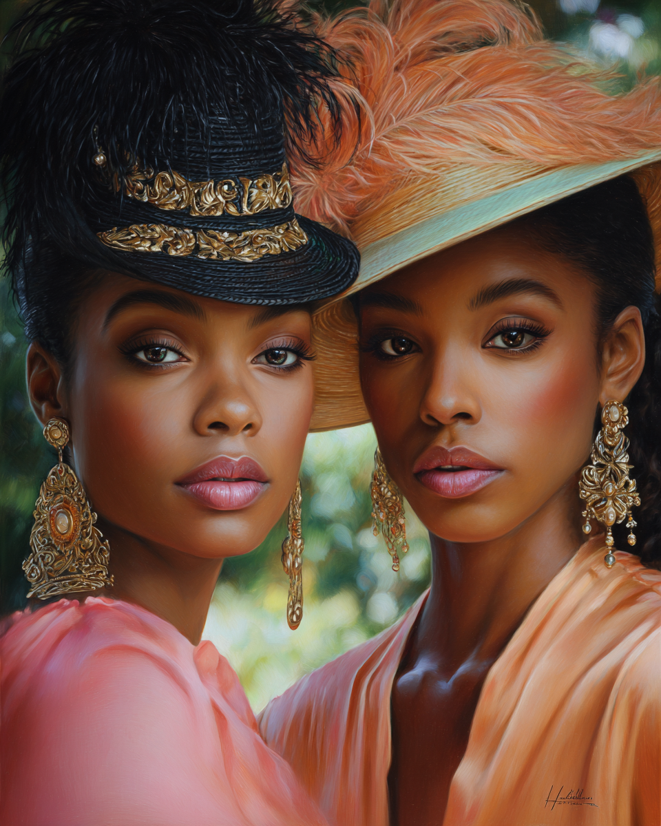 Two elegant women wearing ornate feathered hats and gold earrings in peach tones, posed together in a lush garden setting.