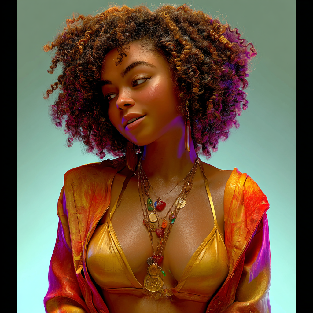 A confident Black woman with curly auburn hair wearing a gold bikini top and colorful satin robe with layered boho necklaces.
