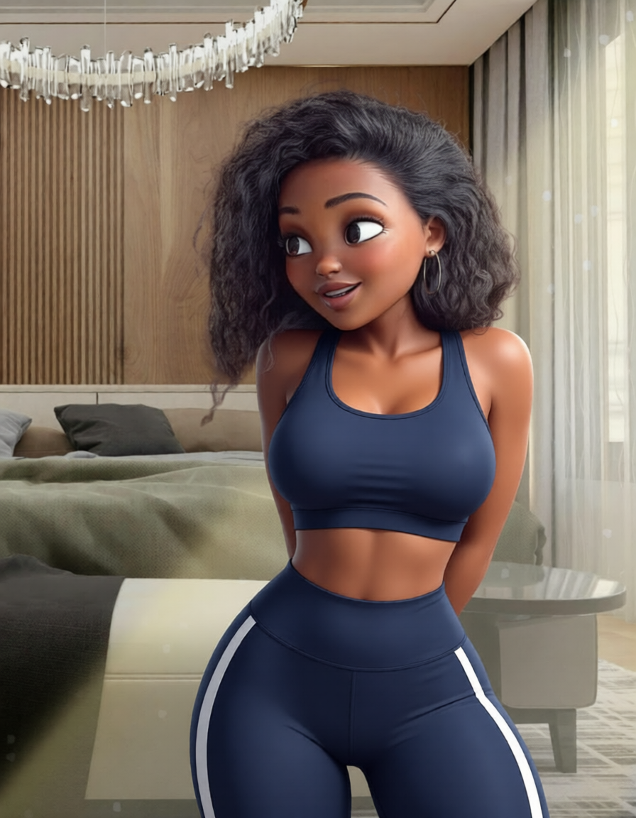 3D animated woman in navy blue sports bra and leggings standing in a modern bedroom setting.