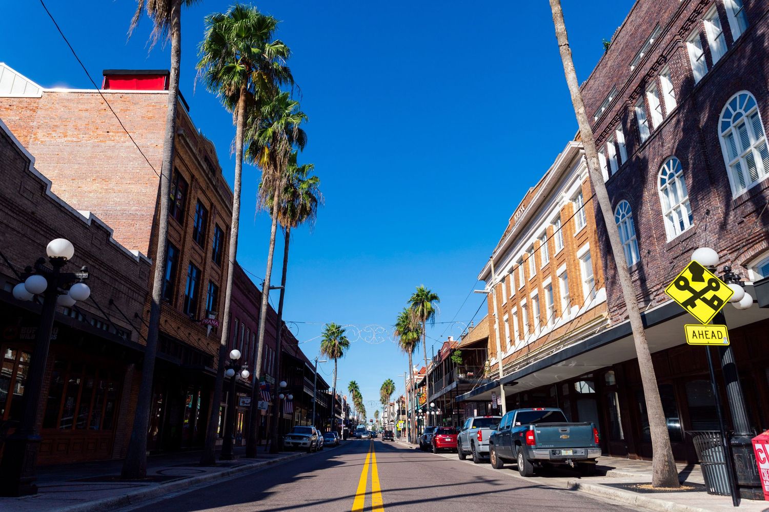 Historic brick buildings and tall palm trees line a sunny urban street with a yellow center line, parked cars, and a pedestrian crossing sig