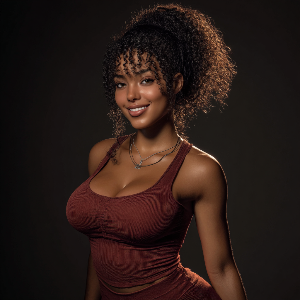 Smiling young woman with curly hair in a red crop top posing confidently against a dark background.
