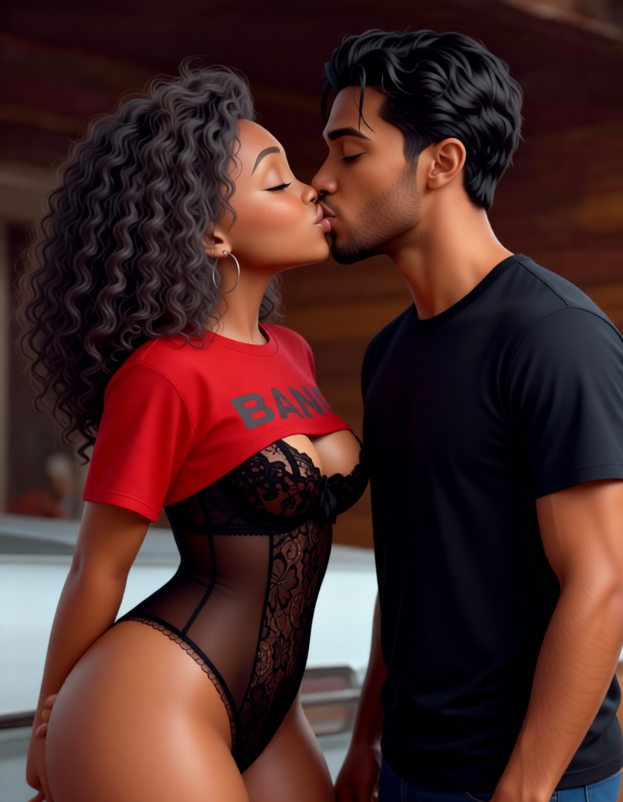 A couple shares a romantic kiss, woman in red crop top and lace bodysuit, man in black t-shirt.