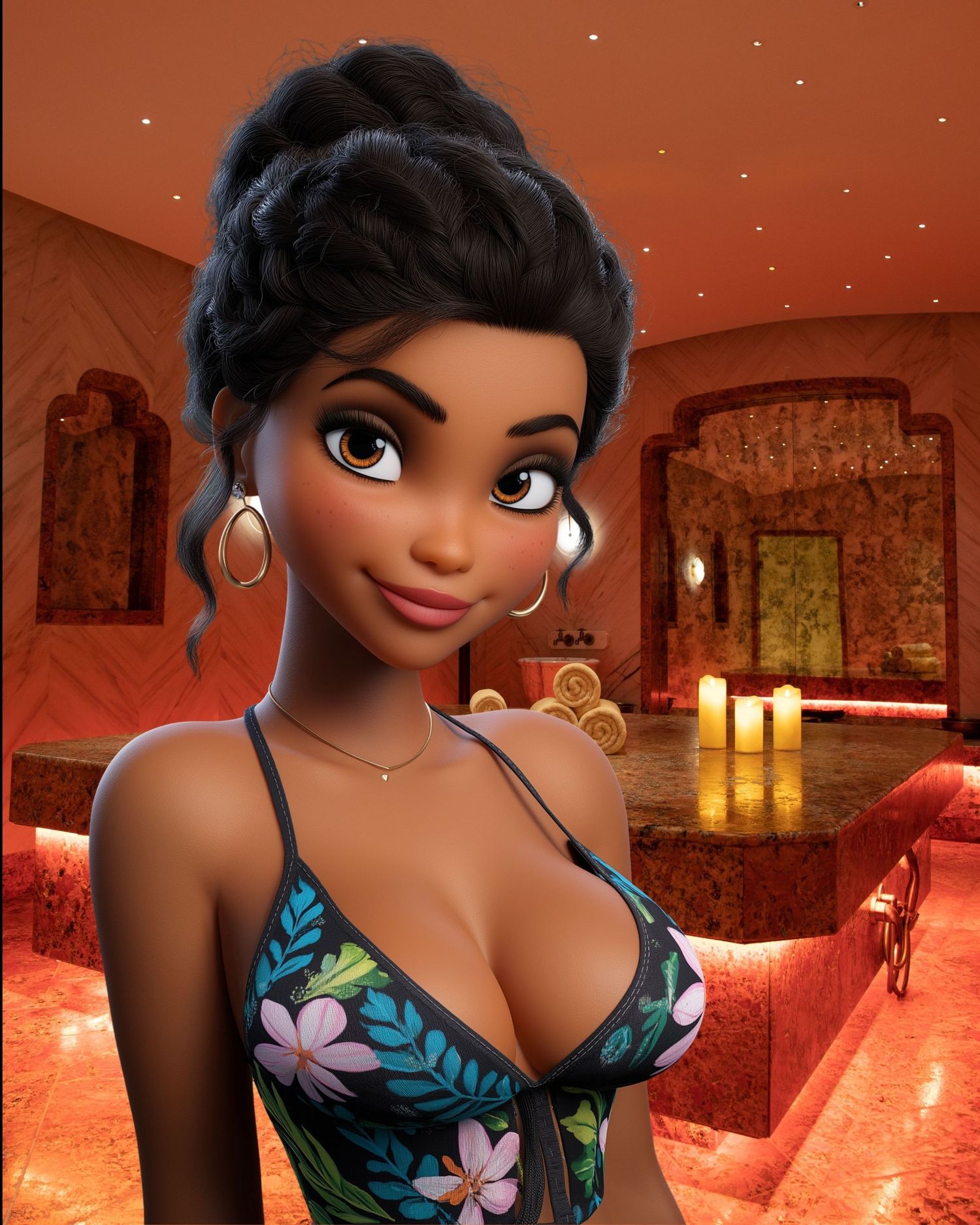 3D animated woman with dark updo hair, floral bikini top, hoop earrings, smiling in warm spa setting.