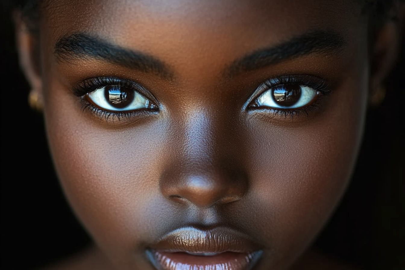 Close-up portrait of a young Black woman with striking brown eyes, flawless dark skin, and subtle makeup on dark background.