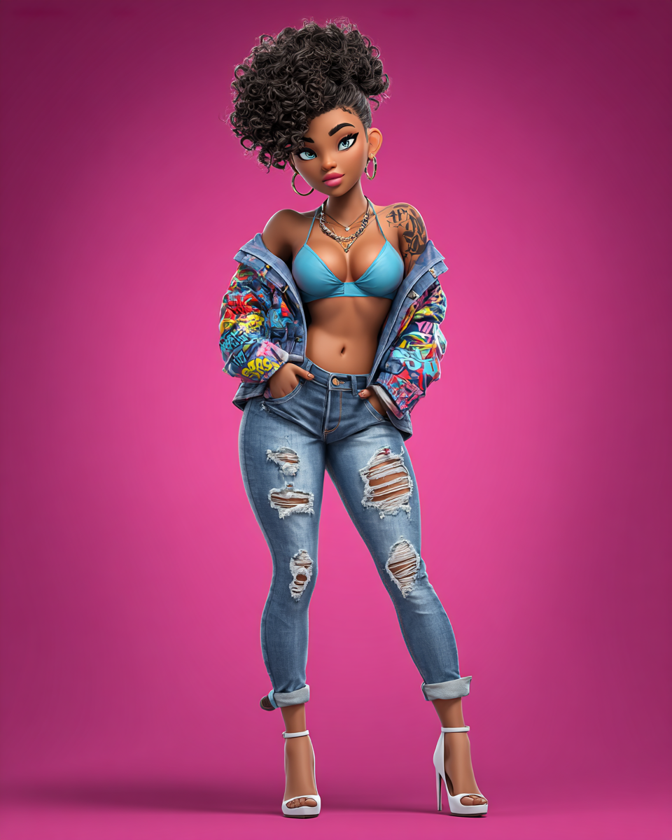 3D animated stylish Black woman in ripped jeans, blue crop top, colorful jacket, and heels on pink background.