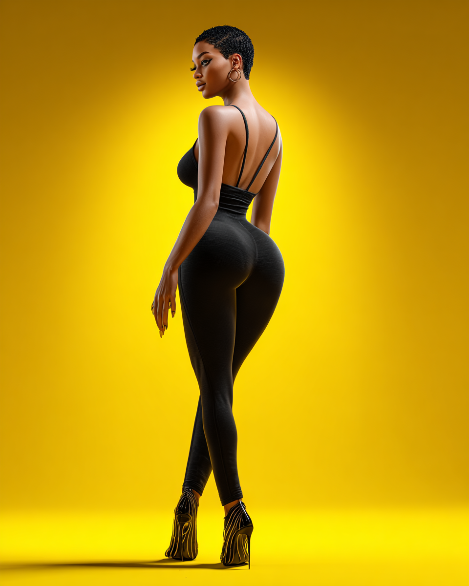 Woman in black fitted jumpsuit and zebra-print heels posing against vibrant yellow background.