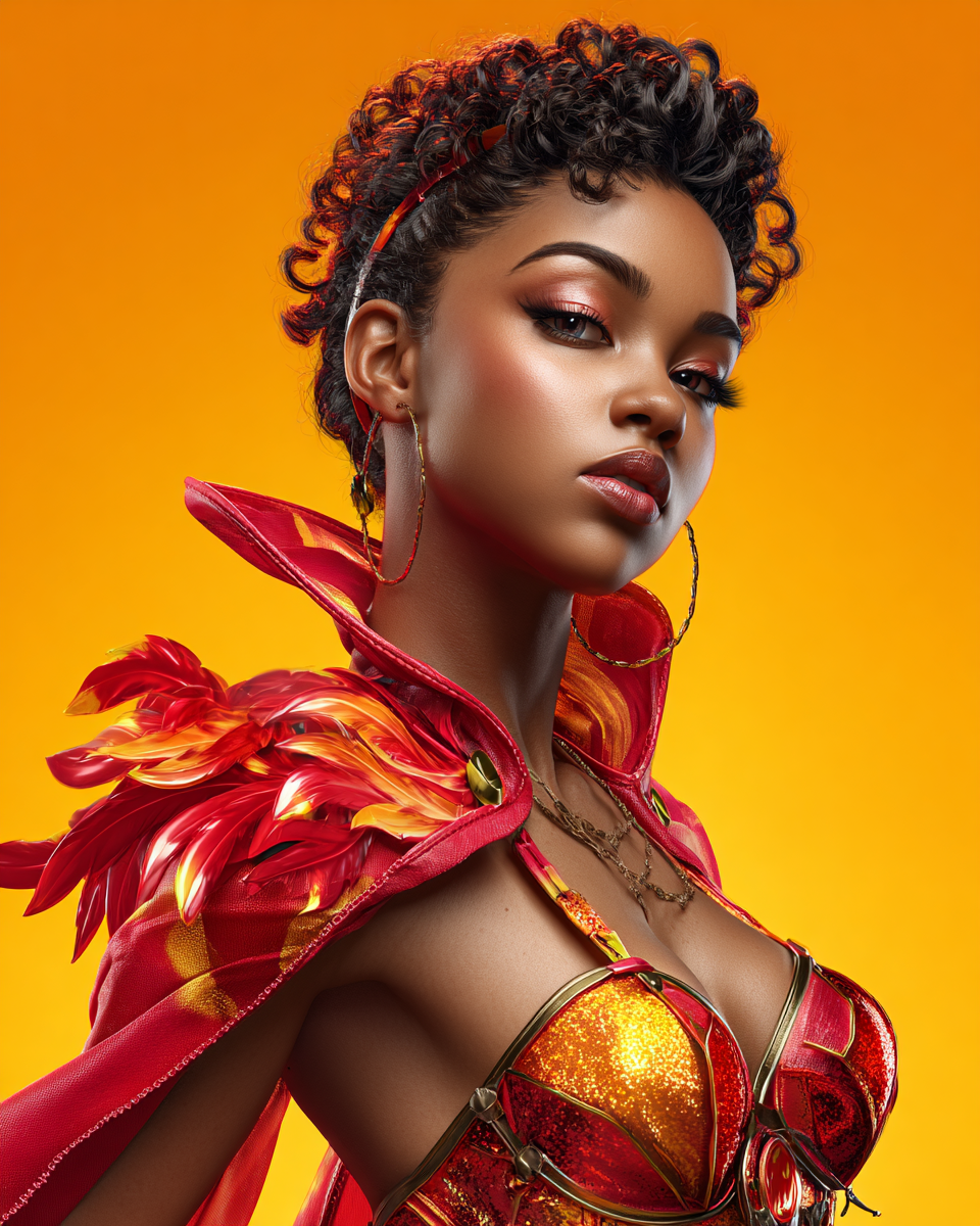 A fierce Black woman in a red and gold fantasy costume with feathered shoulders against a vibrant orange background.