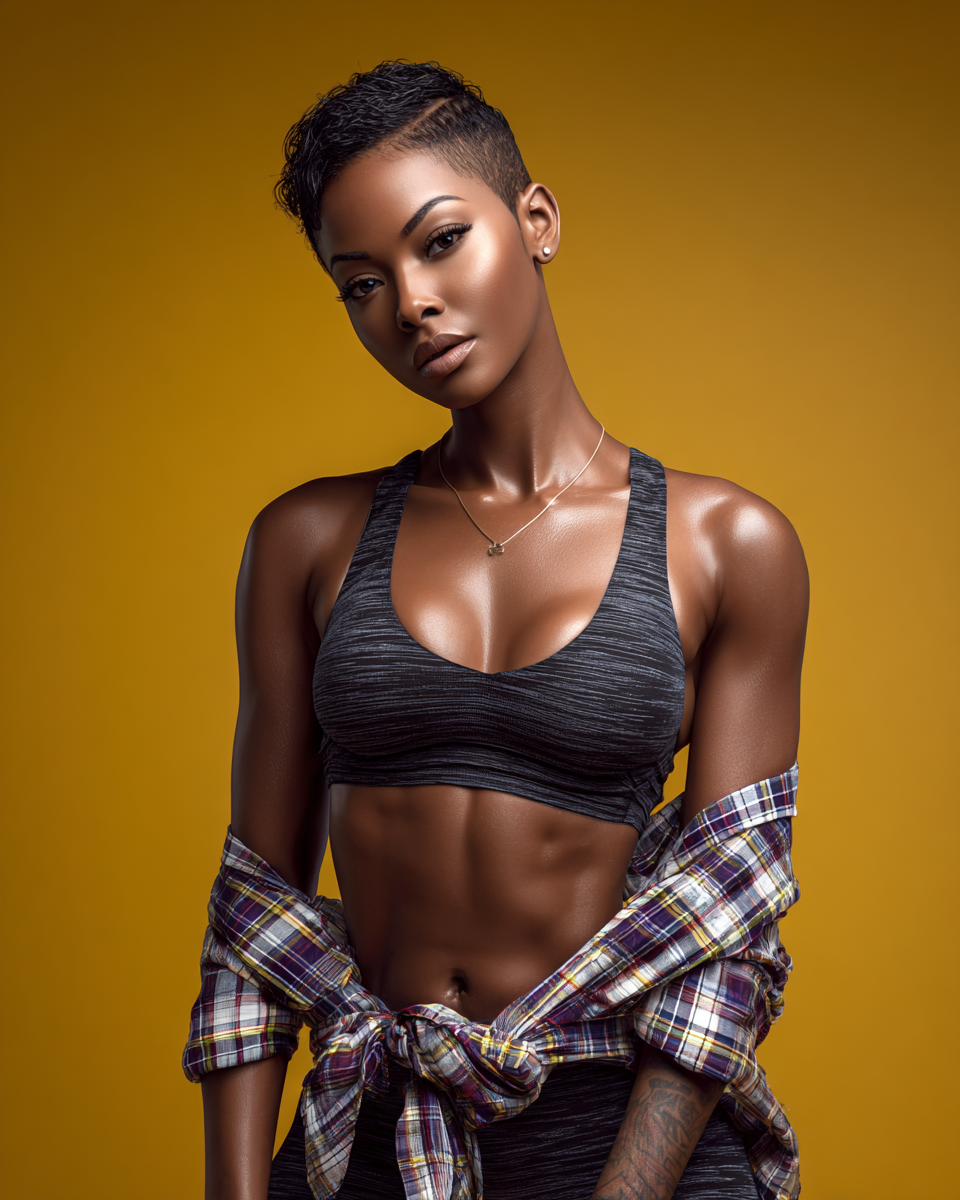 Confident Black woman with short hair wearing a gray sports bra and plaid shirt, posing against a golden yellow background.