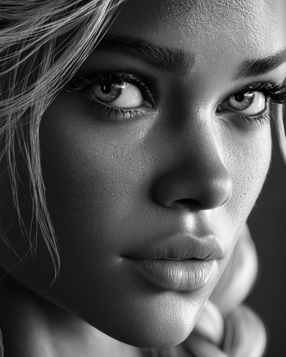 Black and white close-up portrait of a young woman with striking eyes, long lashes, and blonde hair.